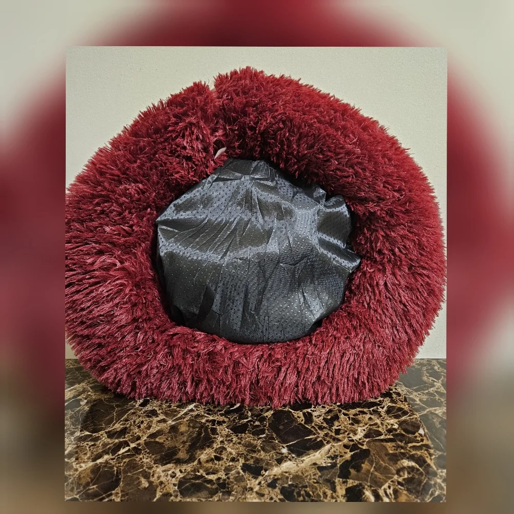Luxurious Wine Red Donut Plush Round Pet Bed- XS 🐶